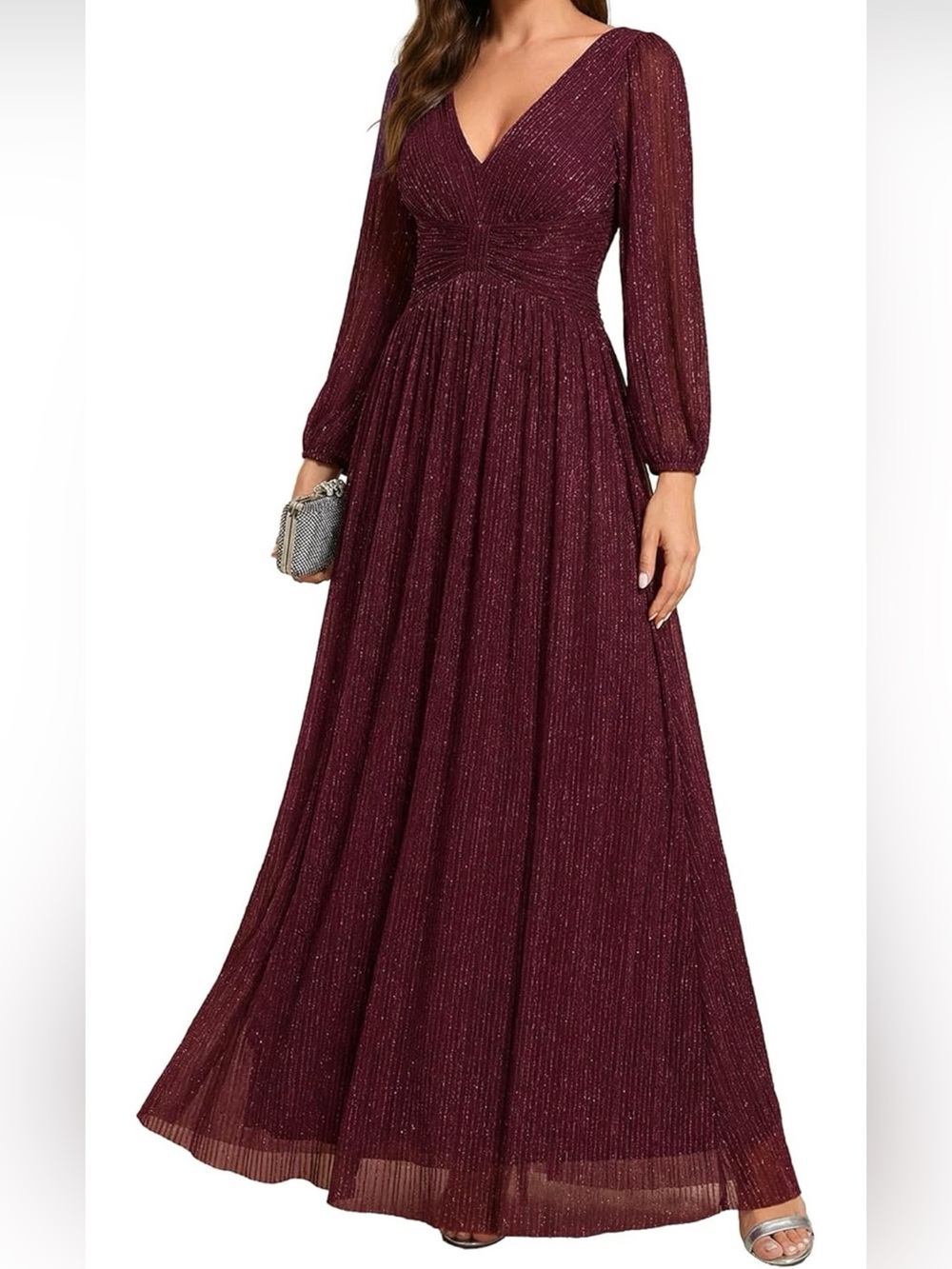 Ever Pretty Sparkling Burgundy V-Neck Maxi Dress